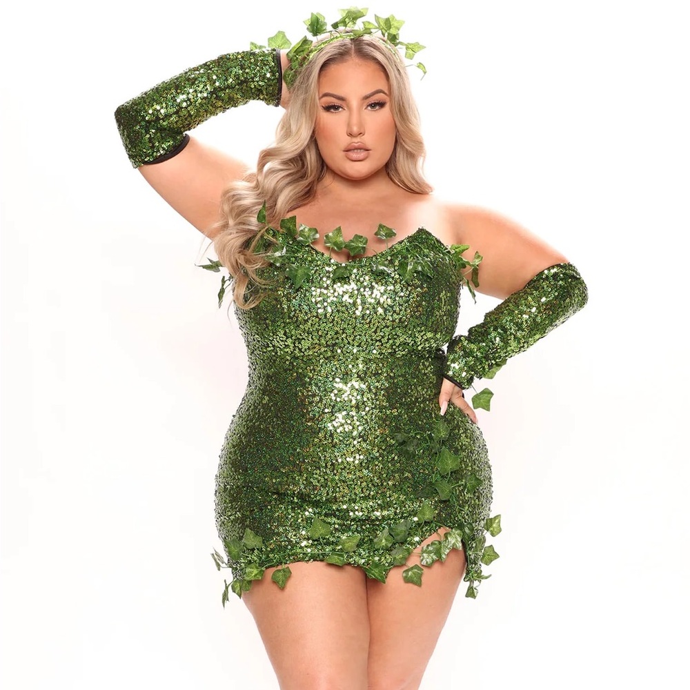 Green Sequin Dress with Leaf Accents